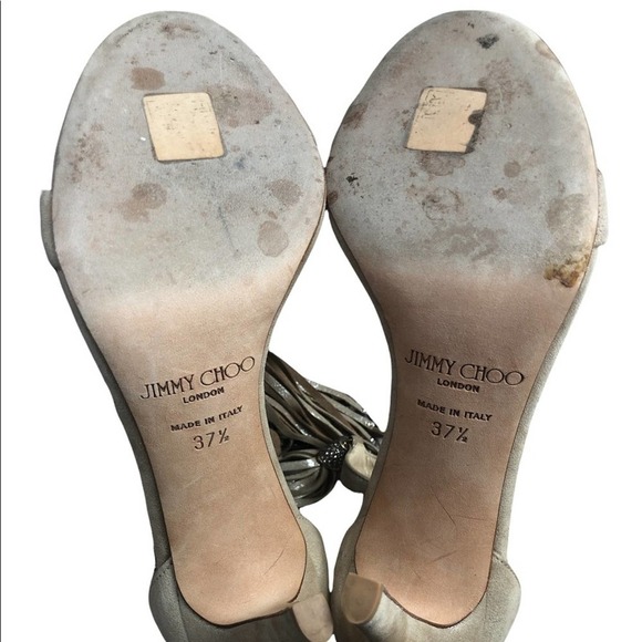 JIMMY CHOO Viola 110 Tan Suede Crystal Tassel High Heeled Sandals Size EU 37.5 - Picture 13 of 15